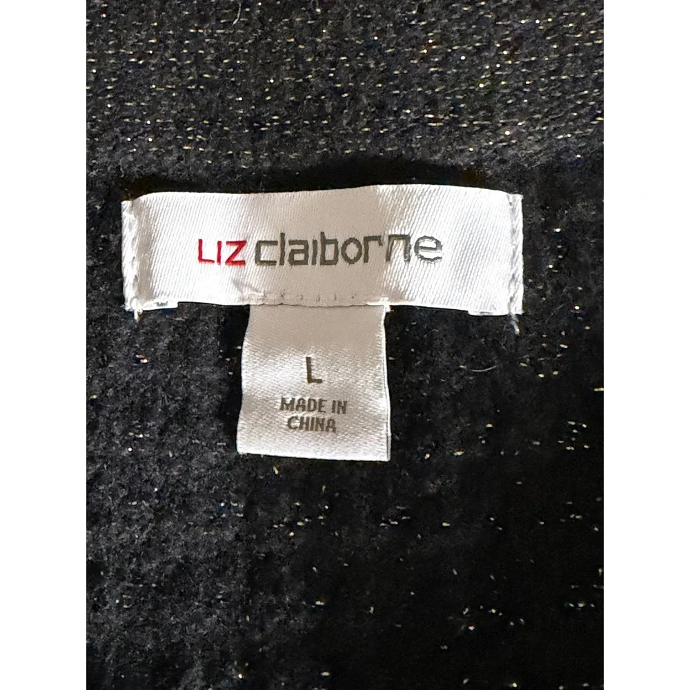 Liz Claiborne Black Knit Button Front Jacket L Gold Metallic Trim Cardigan